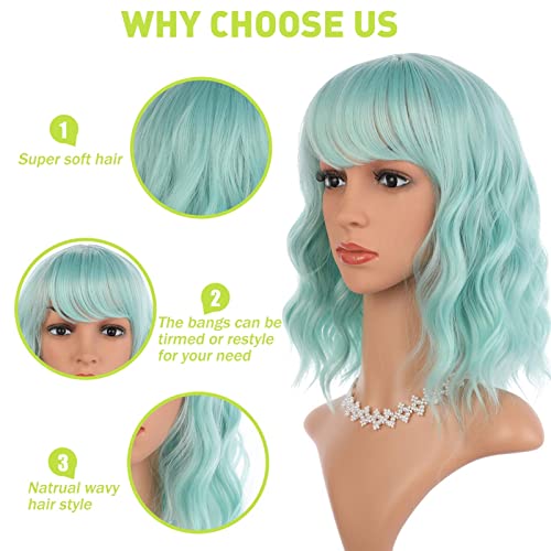 eNilecor Lavender Purple & Mint Green Wig with Air Bangs 12" Curly Bob Wig for Women