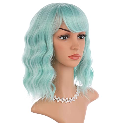 eNilecor Lavender Purple & Mint Green Wig with Air Bangs 12" Curly Bob Wig for Women