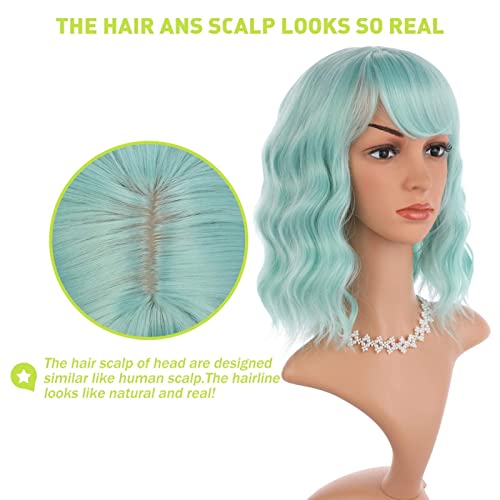 eNilecor Lavender Purple & Mint Green Wig with Air Bangs 12" Curly Bob Wig for Women