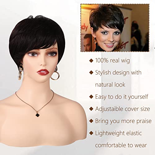 Poditom Short Black Wigs for Women Pixie Cut Wig with Bangs Pixie Layered Short Hair Wigs for Women Synthetic Hair Daily Use Cosplay(1B)