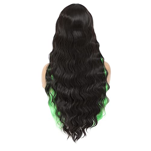 Long Curly Synthetic Hair Wigs Skunk Stripe Deep Wave Wig for Black Women Middle Part Natural Crimps Curls Loose Deep Wave Lace Wigs Green Highlights wig for Daily Party Use 28 Inch