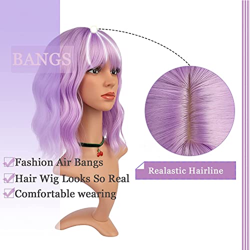 eNilecor Lavender Purple & Mint Green Wig with Air Bangs 12" Curly Bob Wig for Women