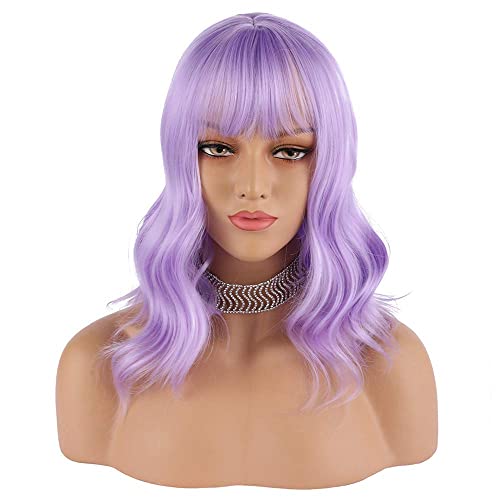 eNilecor Lavender Purple & Mint Green Wig with Air Bangs 12" Curly Bob Wig for Women