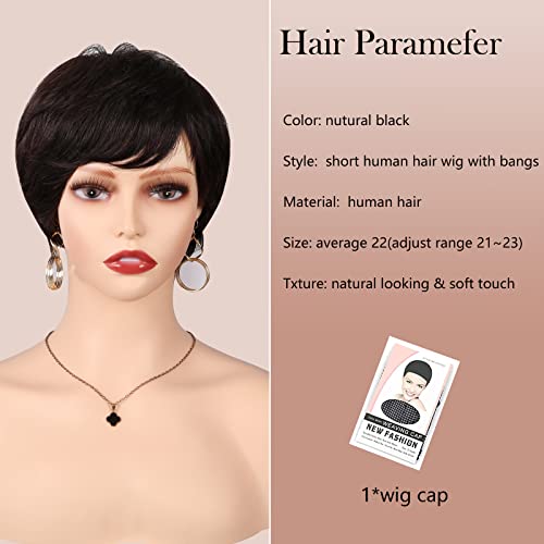 Poditom Short Black Wigs for Women Pixie Cut Wig with Bangs Pixie Layered Short Hair Wigs for Women Synthetic Hair Daily Use Cosplay(1B)