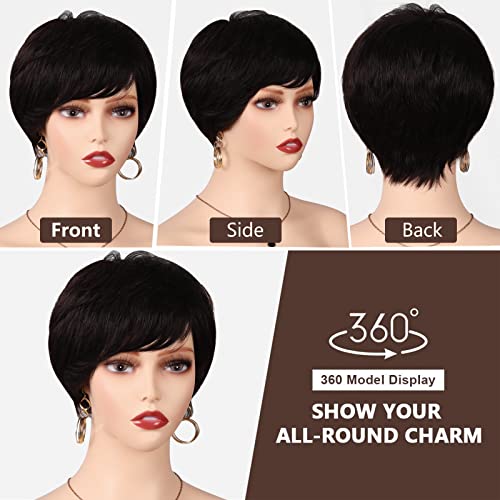 Poditom Short Black Wigs for Women Pixie Cut Wig with Bangs Pixie Layered Short Hair Wigs for Women Synthetic Hair Daily Use Cosplay(1B)