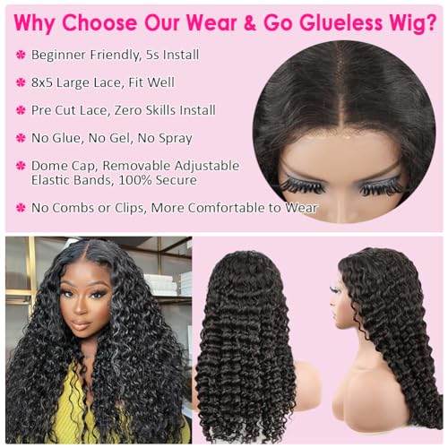 Pizazz 13x4 HD Transparent Lace Front Wigs Human Hair Pre plucked Bleached Knots with Baby Hair 180 Density Brazilian Deep Wave Frontal Wigs for Black Women(26 Inch, Black color)