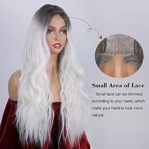 AISI HAIR Long Wavy White Ombre Wigs for Women Middle Part White Ombre Curly Wigs Natural Looking Heat Resistant Fiber Synthetic Wigs for Daily Use