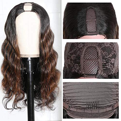 UNICE Ombre Highlight U Part Wig Human Hair Body Wave for Women Middle Part, Brazilian Virgin Hair Glueless Full Head U Shape Clips in Half Wig 150% Density 16inch