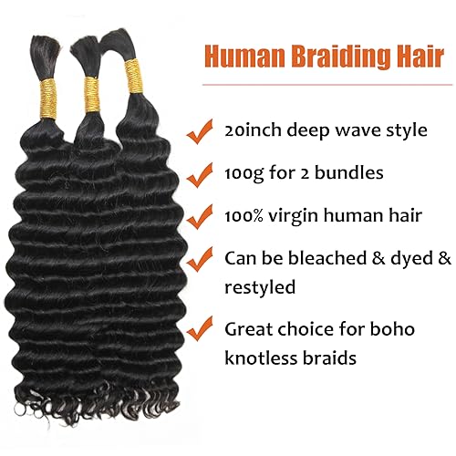 Haftaluv Bulk Human Braiding Hair Deep Wave Virgin Human Hair Curly Braiding Hair For Bohemian Knotless Boho Braids Burgundy No Weft 100 Percent Human Hair Bundles For Braiding(20inch, 100g, BUG)