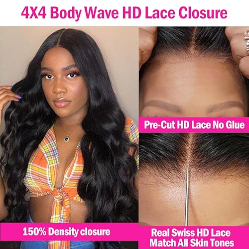 RESACA 24 Inch Body Wave HD Lace Closure Human Hair 4x4 Transparent Swiss Lace Front 150 Density for Women 100% Unprocessed Brazilian Virgin Human Hair (Nature Black Color)