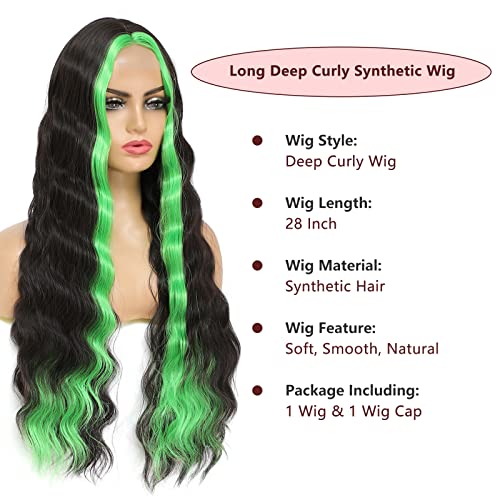 Long Curly Synthetic Hair Wigs Skunk Stripe Deep Wave Wig for Black Women Middle Part Natural Crimps Curls Loose Deep Wave Lace Wigs Green Highlights wig for Daily Party Use 28 Inch