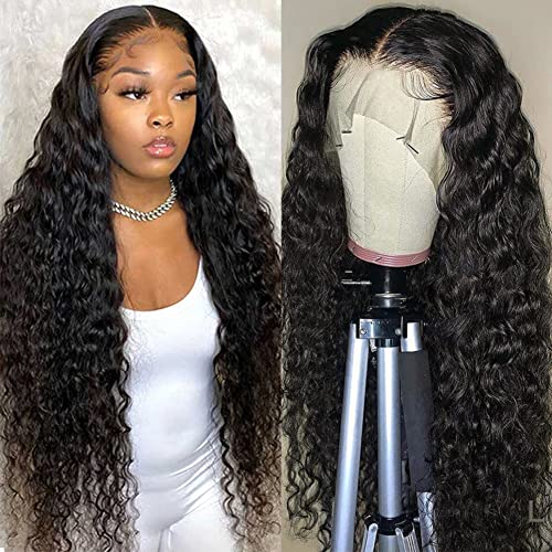 Pizazz 13x4 HD Transparent Lace Front Wigs Human Hair Pre plucked Bleached Knots with Baby Hair 180 Density Brazilian Deep Wave Frontal Wigs for Black Women(26 Inch, Black color)