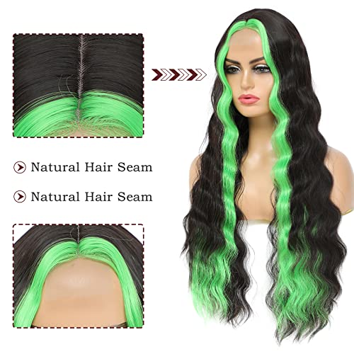 Long Curly Synthetic Hair Wigs Skunk Stripe Deep Wave Wig for Black Women Middle Part Natural Crimps Curls Loose Deep Wave Lace Wigs Green Highlights wig for Daily Party Use 28 Inch