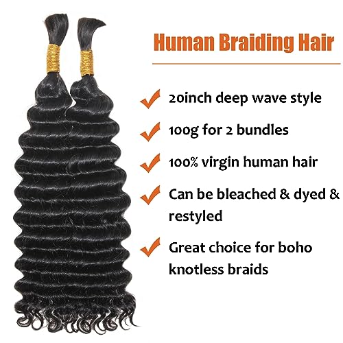 Haftaluv Bulk Human Braiding Hair Deep Wave Virgin Human Hair Curly Braiding Hair For Bohemian Knotless Boho Braids Burgundy No Weft 100 Percent Human Hair Bundles For Braiding(20inch, 100g, BUG)