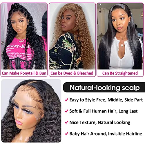 Pizazz 13x4 HD Transparent Lace Front Wigs Human Hair Pre plucked Bleached Knots with Baby Hair 180 Density Brazilian Deep Wave Frontal Wigs for Black Women(26 Inch, Black color)