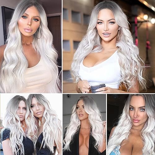 AISI HAIR Long Wavy White Ombre Wigs for Women Middle Part White Ombre Curly Wigs Natural Looking Heat Resistant Fiber Synthetic Wigs for Daily Use