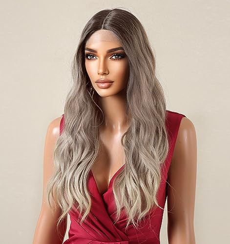 vedar Brown Ombre Ash Blonde Wig, Synthetic Hair Loose Curly Lace Front Wigs for Women, Glueless 613 Blonde Wig 22 inch Natural Long Hair Wig VEDAR-082