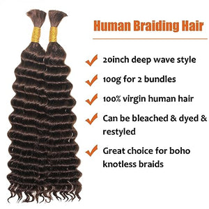 Haftaluv Bulk Human Braiding Hair Deep Wave Virgin Human Hair Curly Braiding Hair For Bohemian Knotless Boho Braids Burgundy No Weft 100 Percent Human Hair Bundles For Braiding(20inch, 100g, BUG)