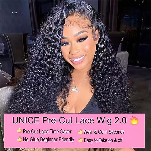 UNICE Water Wave Wear Go Glueless Wig Human Hair Pre Plucked with Baby Hair Bleached Knots Wet and Wavy 6x4.75 Pre Cut Lace Front Wigs Black Color 18 inch