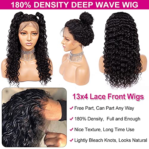 Pizazz 13x4 HD Transparent Lace Front Wigs Human Hair Pre plucked Bleached Knots with Baby Hair 180 Density Brazilian Deep Wave Frontal Wigs for Black Women(26 Inch, Black color)