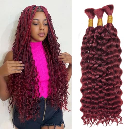 Haftaluv Bulk Human Braiding Hair Deep Wave Virgin Human Hair Curly Braiding Hair For Bohemian Knotless Boho Braids Burgundy No Weft 100 Percent Human Hair Bundles For Braiding(20inch, 100g, BUG)