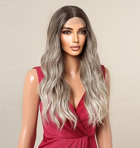 vedar Brown Ombre Ash Blonde Wig, Synthetic Hair Loose Curly Lace Front Wigs for Women, Glueless 613 Blonde Wig 22 inch Natural Long Hair Wig VEDAR-082