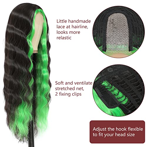 Long Curly Synthetic Hair Wigs Skunk Stripe Deep Wave Wig for Black Women Middle Part Natural Crimps Curls Loose Deep Wave Lace Wigs Green Highlights wig for Daily Party Use 28 Inch