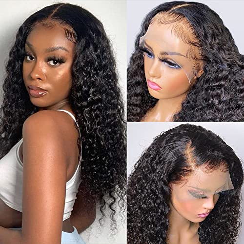 Pizazz 13x4 HD Transparent Lace Front Wigs Human Hair Pre plucked Bleached Knots with Baby Hair 180 Density Brazilian Deep Wave Frontal Wigs for Black Women(26 Inch, Black color)