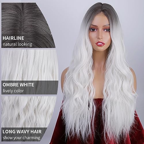 AISI HAIR Long Wavy White Ombre Wigs for Women Middle Part White Ombre Curly Wigs Natural Looking Heat Resistant Fiber Synthetic Wigs for Daily Use