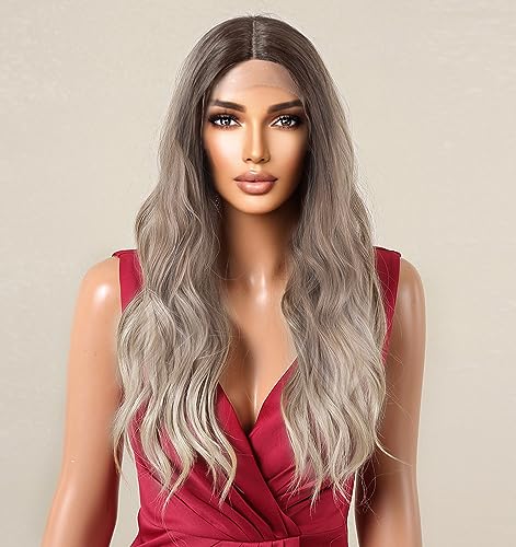 vedar Brown Ombre Ash Blonde Wig, Synthetic Hair Loose Curly Lace Front Wigs for Women, Glueless 613 Blonde Wig 22 inch Natural Long Hair Wig VEDAR-082