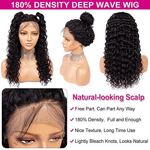 Pizazz 13x4 HD Transparent Lace Front Wigs Human Hair Pre plucked Bleached Knots with Baby Hair 180 Density Brazilian Deep Wave Frontal Wigs for Black Women(26 Inch, Black color)