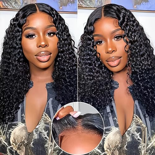 UNICE Water Wave Wear Go Glueless Wig Human Hair Pre Plucked with Baby Hair Bleached Knots Wet and Wavy 6x4.75 Pre Cut Lace Front Wigs Black Color 18 inch