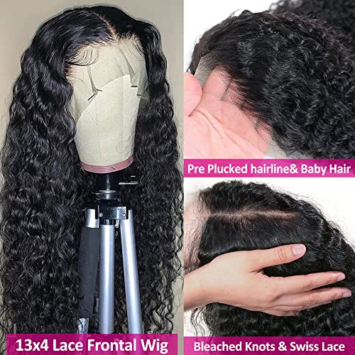 Pizazz 13x4 HD Transparent Lace Front Wigs Human Hair Pre plucked Bleached Knots with Baby Hair 180 Density Brazilian Deep Wave Frontal Wigs for Black Women(26 Inch, Black color)