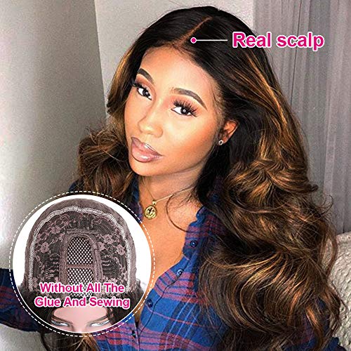 UNICE Ombre Highlight U Part Wig Human Hair Body Wave for Women Middle Part, Brazilian Virgin Hair Glueless Full Head U Shape Clips in Half Wig 150% Density 16inch