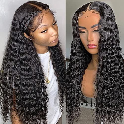 Pizazz 13x4 HD Transparent Lace Front Wigs Human Hair Pre plucked Bleached Knots with Baby Hair 180 Density Brazilian Deep Wave Frontal Wigs for Black Women(26 Inch, Black color)