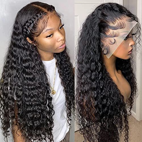 Pizazz 13x4 HD Transparent Lace Front Wigs Human Hair Pre plucked Bleached Knots with Baby Hair 180 Density Brazilian Deep Wave Frontal Wigs for Black Women(26 Inch, Black color)