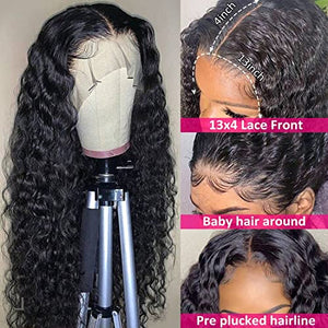 Pizazz 13x4 HD Transparent Lace Front Wigs Human Hair Pre plucked Bleached Knots with Baby Hair 180 Density Brazilian Deep Wave Frontal Wigs for Black Women(26 Inch, Black color)