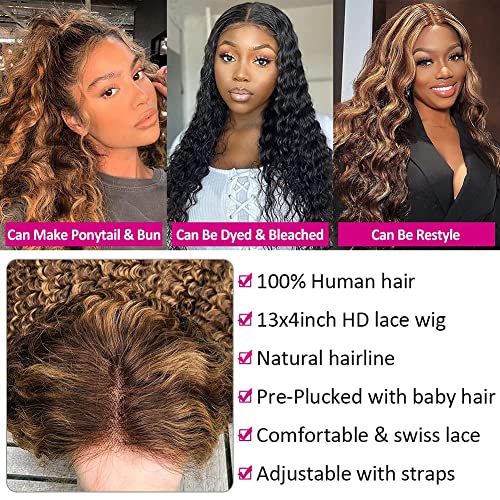 Pizazz 13x4 HD Transparent Lace Front Wigs Human Hair Pre plucked Bleached Knots with Baby Hair 180 Density Brazilian Deep Wave Frontal Wigs for Black Women(26 Inch, Black color)