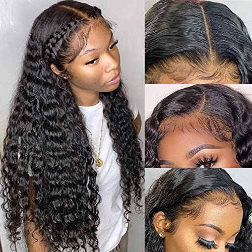 Pizazz 13x4 HD Transparent Lace Front Wigs Human Hair Pre plucked Bleached Knots with Baby Hair 180 Density Brazilian Deep Wave Frontal Wigs for Black Women(26 Inch, Black color)