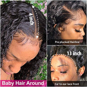 Pizazz 13x4 HD Transparent Lace Front Wigs Human Hair Pre plucked Bleached Knots with Baby Hair 180 Density Brazilian Deep Wave Frontal Wigs for Black Women(26 Inch, Black color)