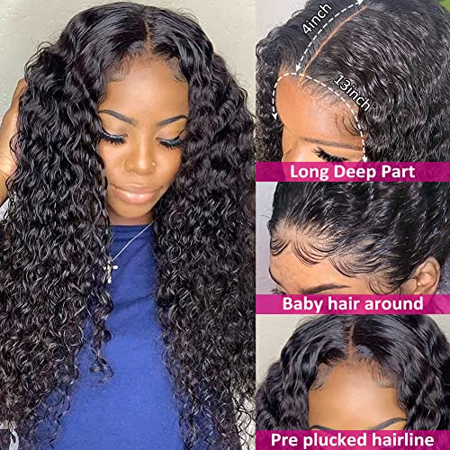 Pizazz 13x4 HD Transparent Lace Front Wigs Human Hair Pre plucked Bleached Knots with Baby Hair 180 Density Brazilian Deep Wave Frontal Wigs for Black Women(26 Inch, Black color)