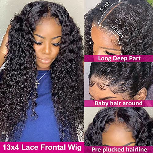 Pizazz 13x4 HD Transparent Lace Front Wigs Human Hair Pre plucked Bleached Knots with Baby Hair 180 Density Brazilian Deep Wave Frontal Wigs for Black Women(26 Inch, Black color)